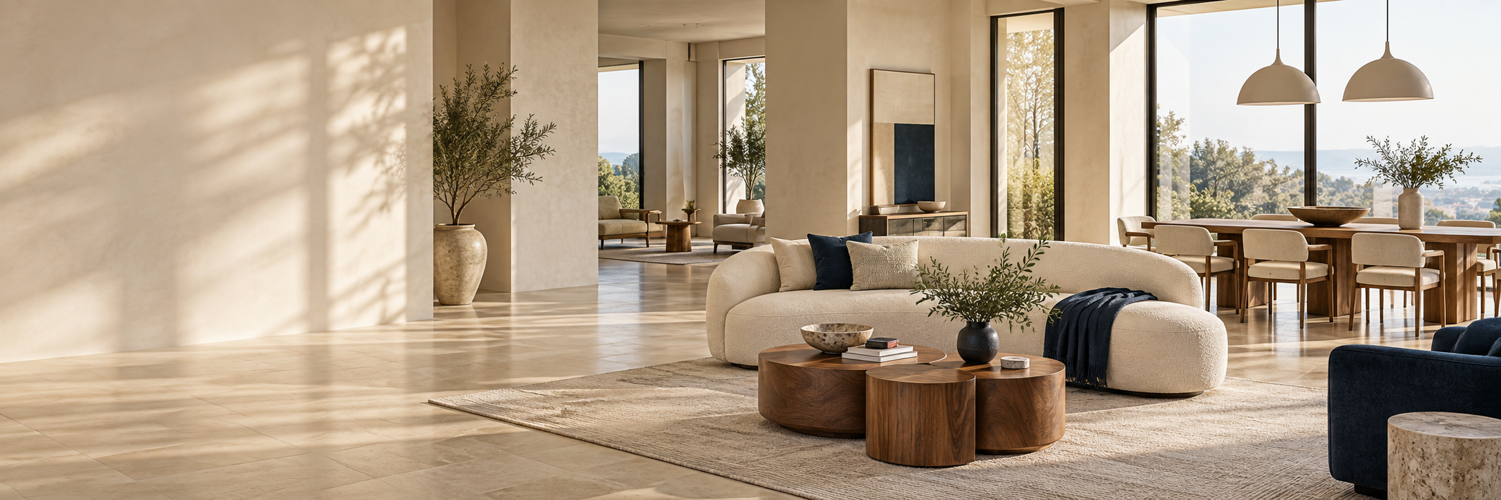 Doğal ışık alan ferah bir showroom’da krem koltuk, ceviz sehpalar ve yemek odası mobilyaları